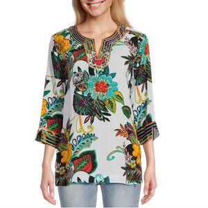 John Mark Tunic Top Size M Embroidered Tropical Floral Split V-Neck NEW $119